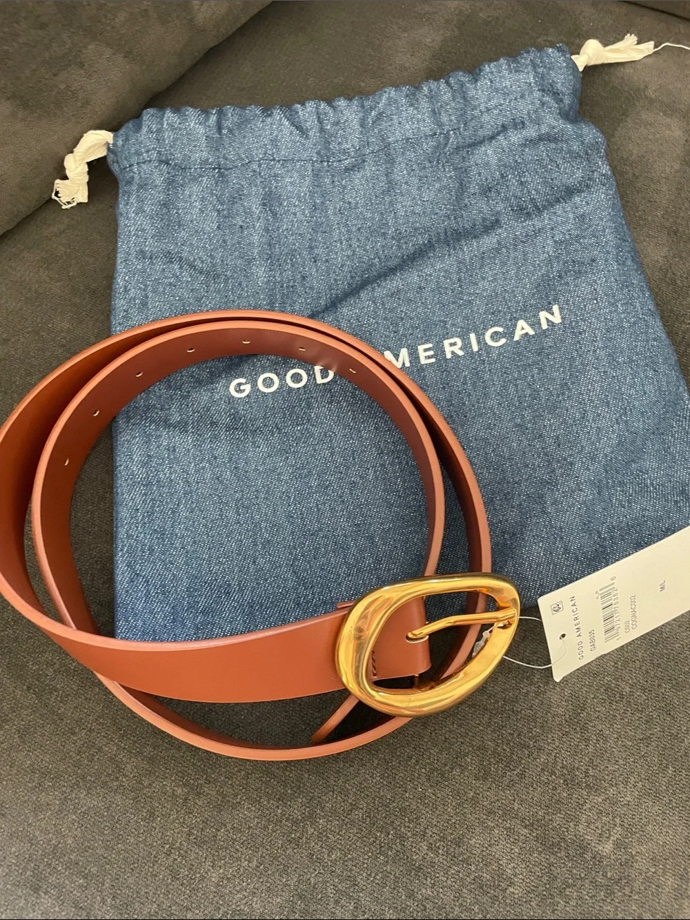 Good American Tan Leather Belt with Gold Oval Buckle